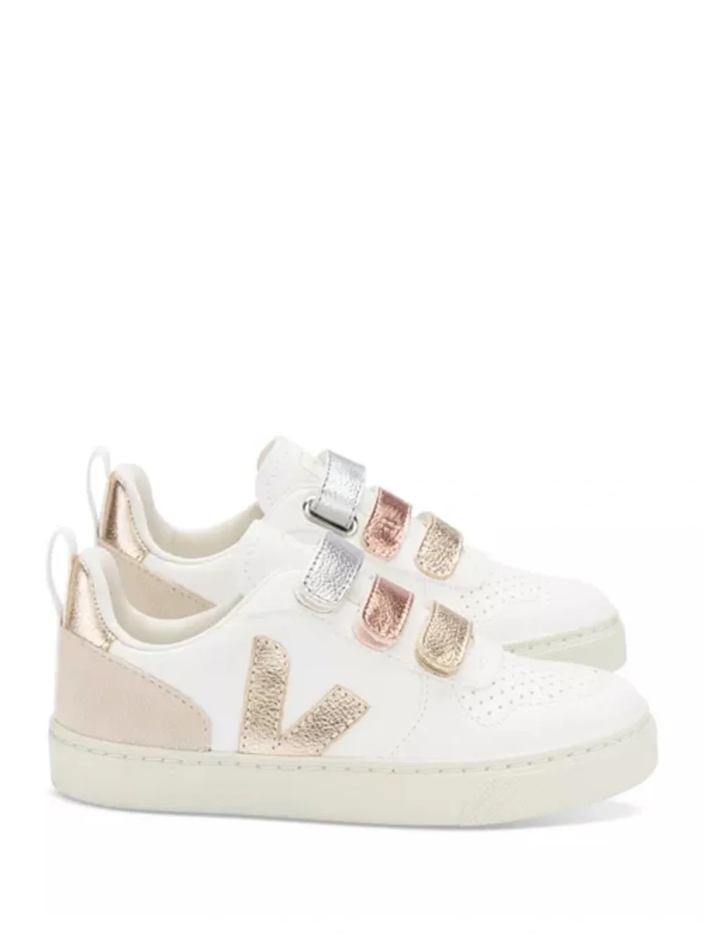 New Veja Kids White Sneakers with Rose Gold, Gold & Silver Straps